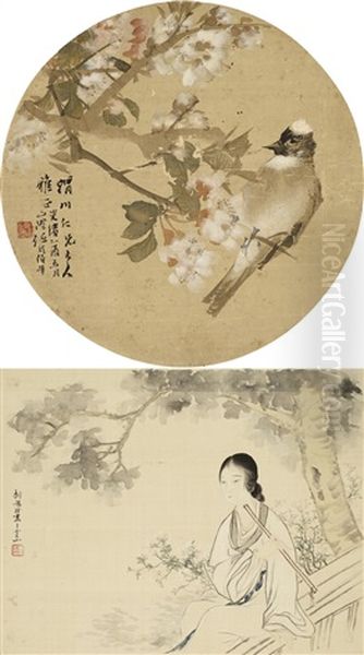 Ren Bonian And Hu Xigui Flower And Bird.court Lady Oil Painting by Ren Bonian