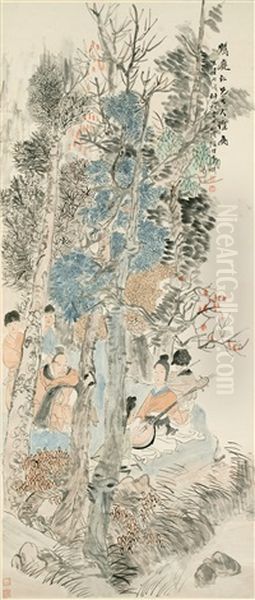 A Family Seated On A Riverbank With Musicians Oil Painting by Ren Bonian