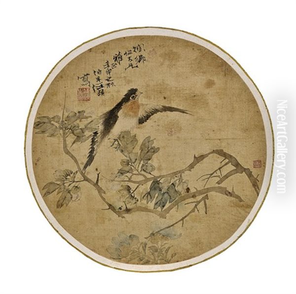 Fan Painting (birds And Branches) Oil Painting by Ren Bonian