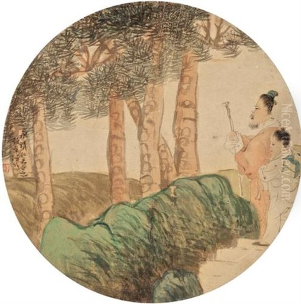 Scholar In The Forest Oil Painting by Ren Bonian