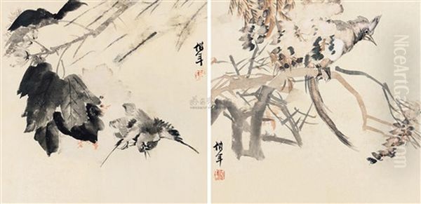 Flower And Bird (2 Works) Oil Painting by Ren Bonian