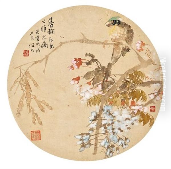 Bird And Wisteria Oil Painting by Ren Bonian