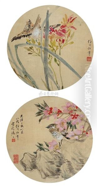 Bird And Flowers (2 Works) Oil Painting by Ren Bonian