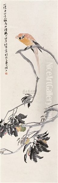 Peach And Bird Oil Painting by Ren Bonian