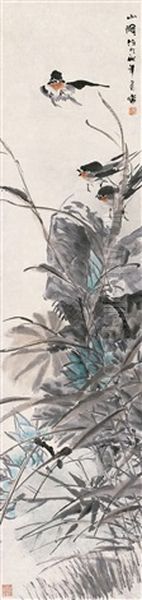 Birds And Lotus Oil Painting by Ren Bonian