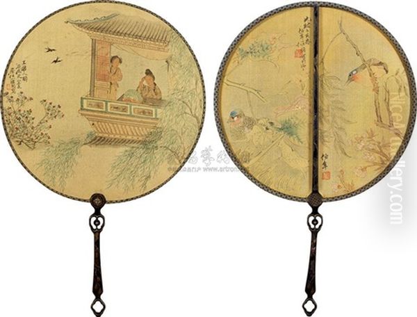 Figure, Birds And Flowers Oil Painting by Ren Bonian