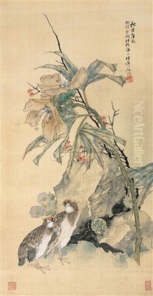 Flowers And Birds Oil Painting by Ren Bonian