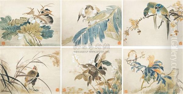 Flowers And Bird (6 Works) Oil Painting by Ren Bonian