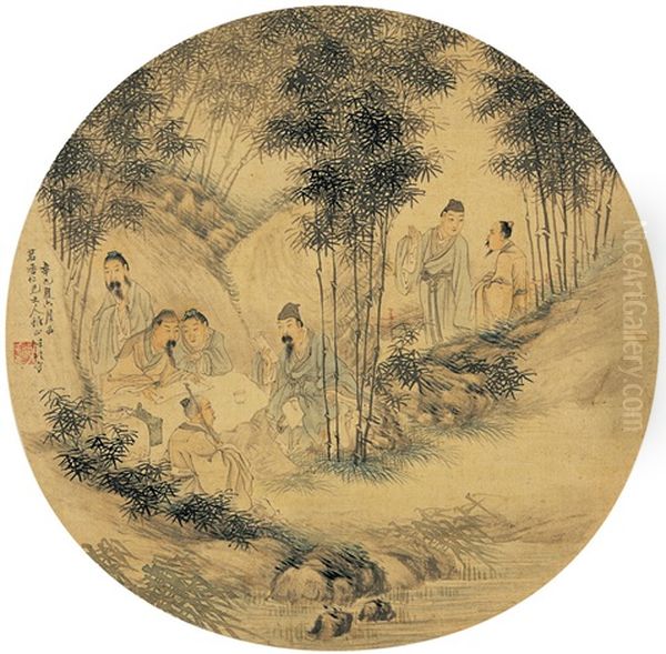 Seven Sages Of The Bamboo Grove Oil Painting by Ren Bonian