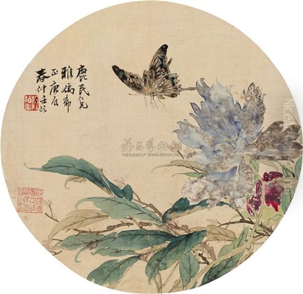 Peony And Butterfly Oil Painting by Ren Bonian