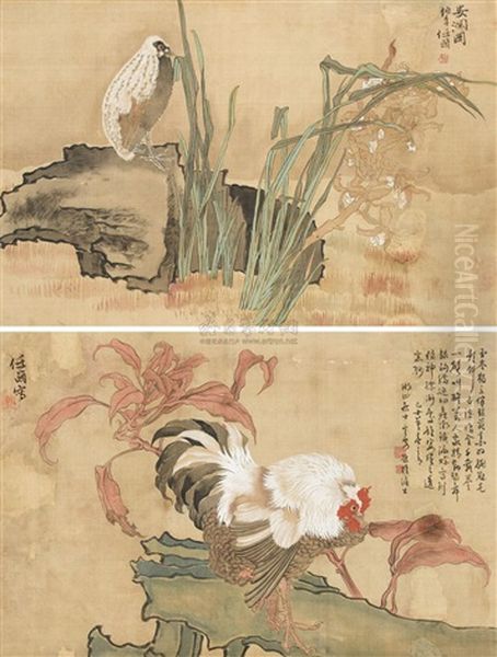 Flower And Bird (2 Works) Oil Painting by Ren Bonian