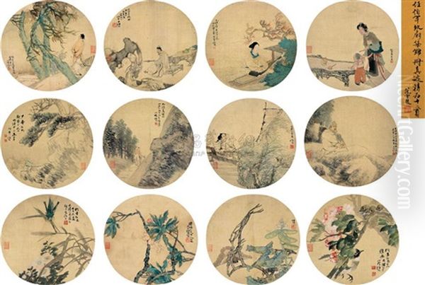 Figure Landscape Flowers And Birds (alb. W/12 Works) Oil Painting by Ren Bonian