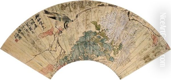 Bird And Chrysanthemum Oil Painting by Ren Bonian