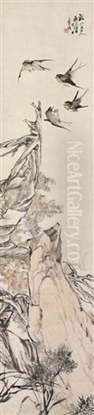 Bird And Flowers Oil Painting by Ren Bonian