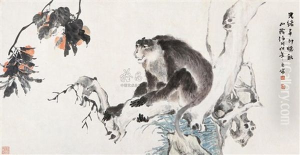 Monkey And Loquattree Oil Painting by Ren Bonian