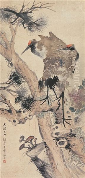 Pine And Cranes Oil Painting by Ren Bonian