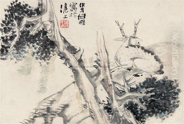 Deers By A Tree Oil Painting by Ren Bonian