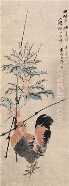 Rooster And Flower Oil Painting by Ren Bonian