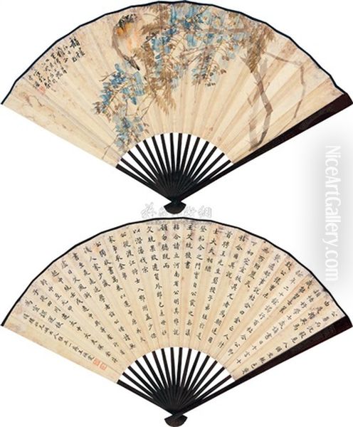 Wisteria And Bird, Calligraphy Oil Painting by Ren Bonian