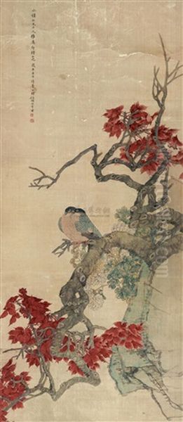 Double Birds With Red Leaves Oil Painting by Ren Bonian