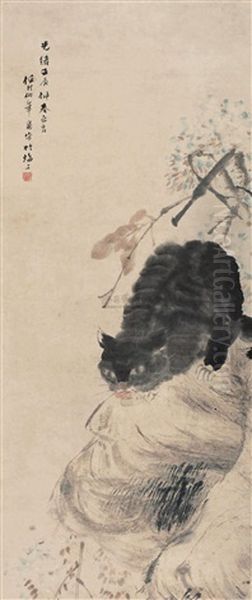 Wisteria And Cat Oil Painting by Ren Bonian