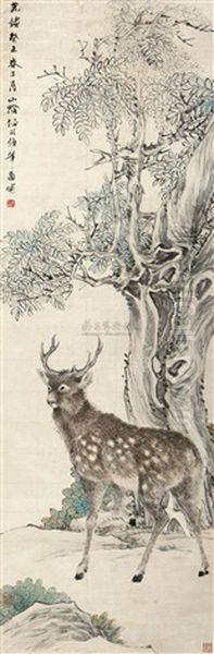 Deer And Pine Oil Painting by Ren Bonian