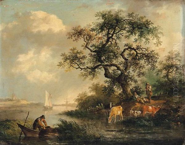 A River Landscape With A Fisherman, Drovers And Their Herd, A Town And A Church Beyond Oil Painting by Fredericus Theodorus Renard