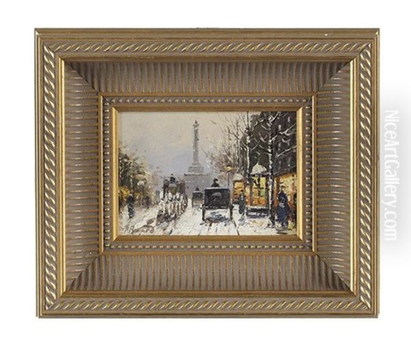 Champs-elysees And Paris In The Snow (pair) Oil Painting by Paul Renard