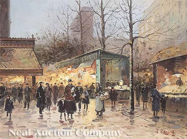 Boos Stall On A Grand Boulevard, Paris (+ Parisian Street Scene; Pair) Oil Painting by Paul Renard