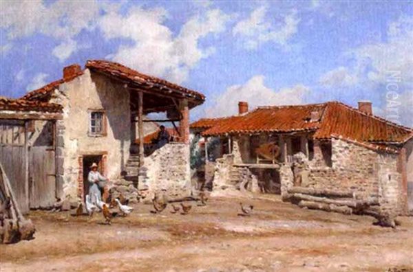 Scene De Basse Cour A Fontannes Oil Painting by Alfred Renaudin