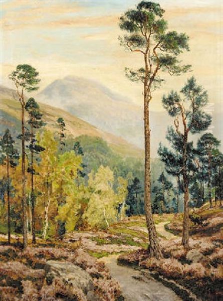 Stag And Deer By A Highland Path, Mountains Beyond Oil Painting by George Melvin Rennie