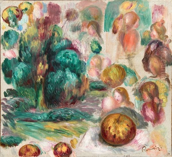 Blumenstrauss In Einer Metallvase Mit Blattdekor Oil Painting by Pierre Auguste Renoir