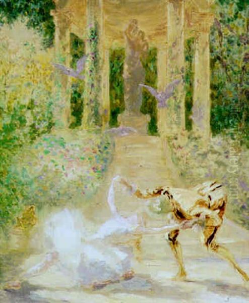 Ballet In A Garden With Classical Temple Oil Painting by Renouard, Charles Paul