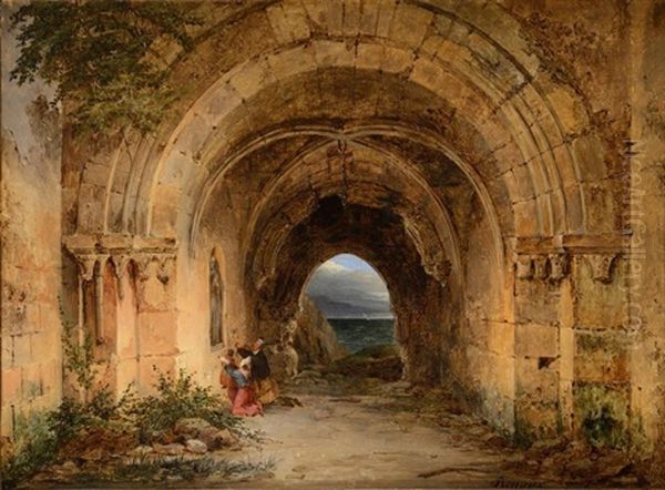Pelerins En Priere Dans Les Ruines D'une Abbaye Oil Painting by Charles Renoux