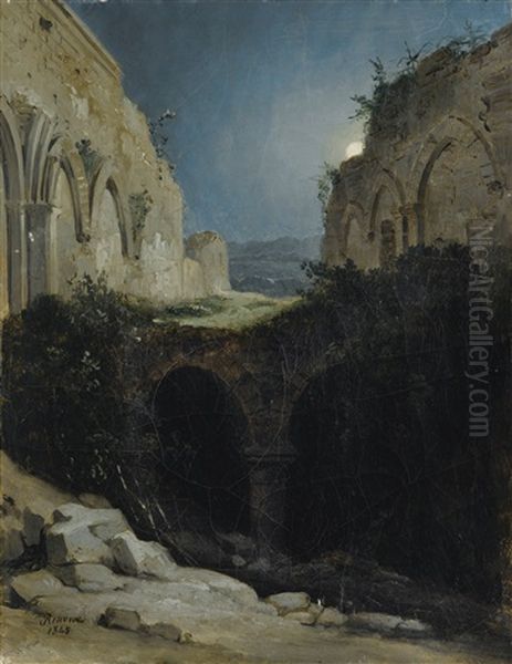 Paysage Nocturne Avec Les Ruines D'une Eglise Oil Painting by Charles Renoux