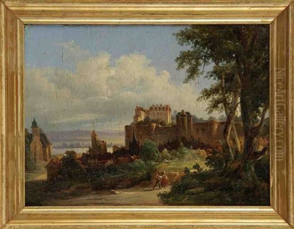 Promeneurs Dans Un Paysage De Collines Et Couple De Promeneurs Pres D'un Chateau (pair) Oil Painting by Charles Renoux
