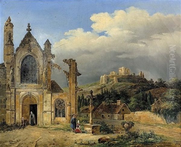 Kirchhof Mit Jungem Paar Vor Einem Kreuz Oil Painting by Charles Renoux