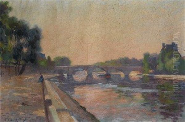 Le Pont Royal A Paris Oil Painting by Jules Ernest Renoux