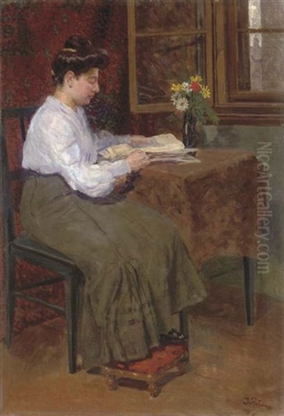 Portrait Of A Woman Reading A Book Oil Painting by Repin Iliya