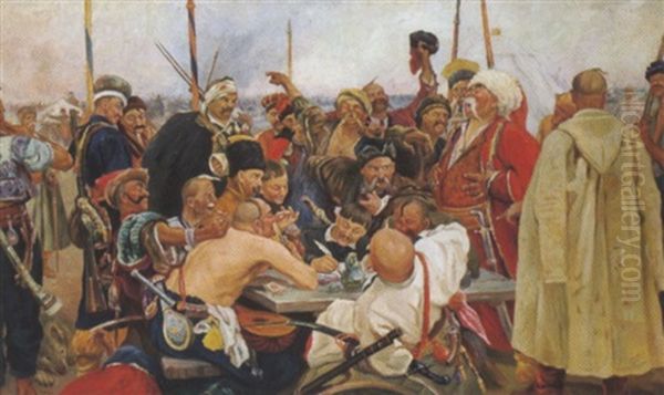 Die Saporosher Kosaken Schreiben Einen Brief Oil Painting by Repin Iliya