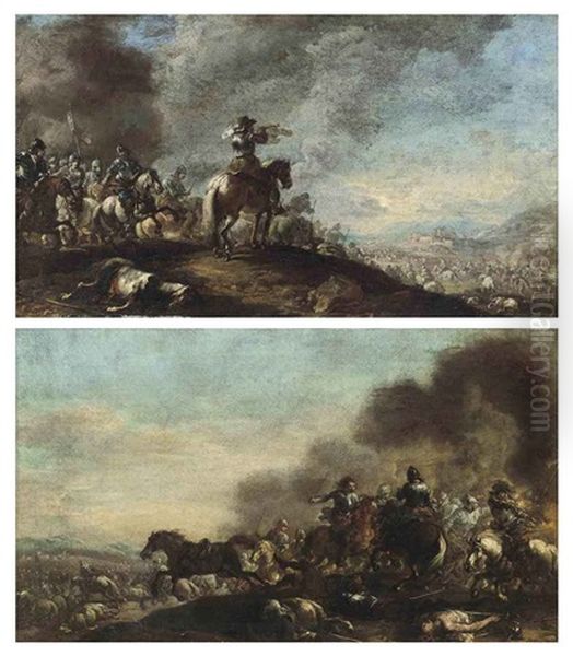 A Cavalry Troop On A Hilltop, A Fortified City Beyond (+ A Cavalry Skirmish; Pair) Oil Painting by Pandolfo Reschi
