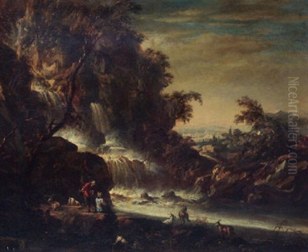 A River Landscape With Figures Tending Goats Before A Waterfall, A Town In The Distance Oil Painting by Pandolfo Reschi