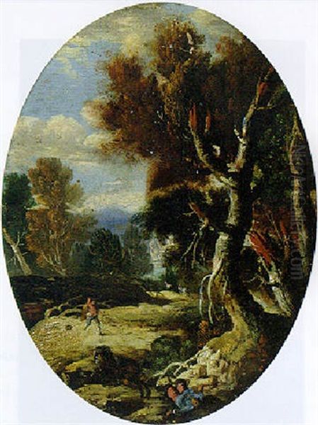 A Wooded Landscape With A Horseman Attacked By Brigands On A Track Oil Painting by Pandolfo Reschi