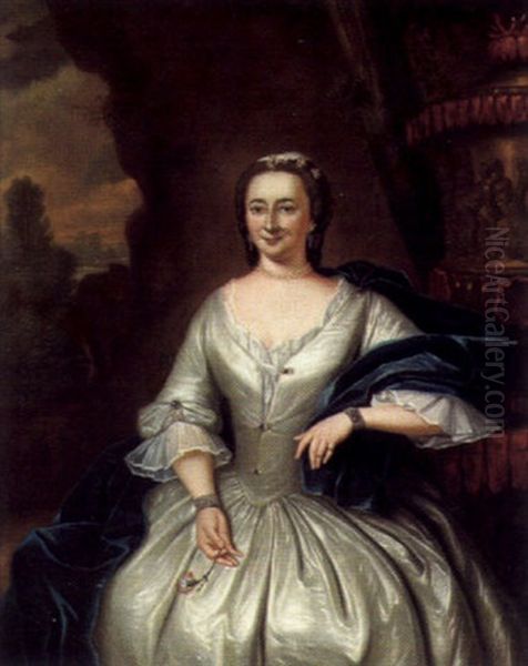 Bildnis Einer Dame In Weisem Seidenkleid Und Blauer Stola Oil Painting by Tiebout Regters