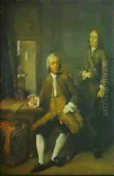 Un Gentilhomme Assis Dans Un Interieur... [&] Une  Dame Assise Prenant Une Tasse De Chocolat Oil Painting by Tiebout Regters