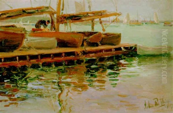 Boat Dock (marblehead Yacht Club) Oil Painting by John Rettig