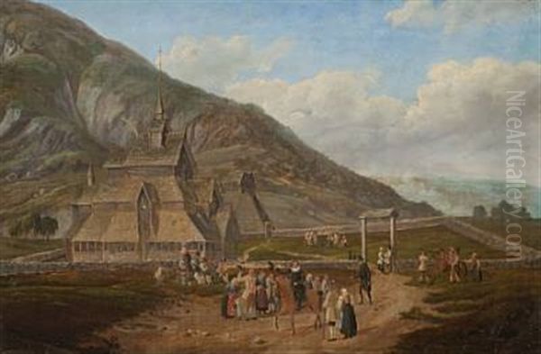 Etter Prekenen Ved Stavkirken Oil Painting by Hans Leganger Reusch