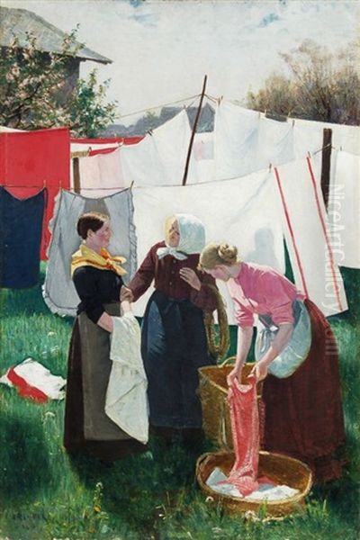 Auf Dem Waschetrockenplatz Oil Painting by Willibald Alfred Reuter