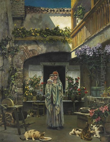 Femme Juive Et Son Enfant Dans La Cour Oil Painting by Oscar Rex