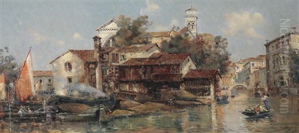 Blick Auf Die Gondelwerft In San Trovasi Venedig Oil Painting by Antonio Maria de Reyna Manescau
